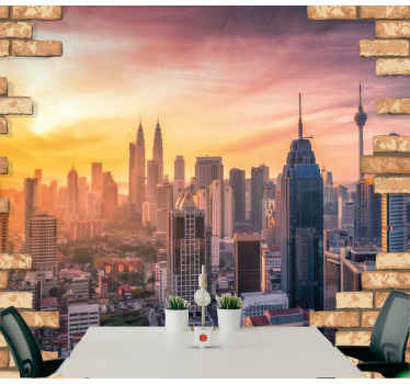 通过破墙的壁画在城市上的日落 - TenStickers