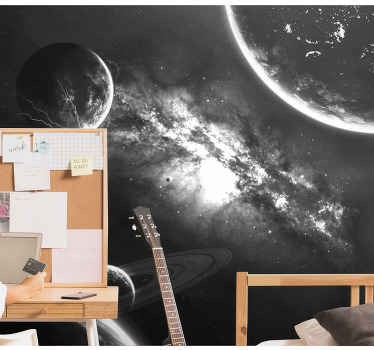 Galaxies and planets in grey space wall mural - TenStickers