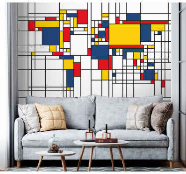 Decore sua sala de estar de uma forma incrível com esta pintura fotomural vinílico de parede absolutamente fantástica que mostra o mapa-múndi no estilo piet mondrian! Compre agora!