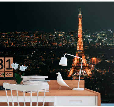 Luzes de paris no fotomural vinílico da parede do escritório em casa à noite. Visão noturna detalhada da cidade de paris. Decorar. Obtenha com envio imediato!