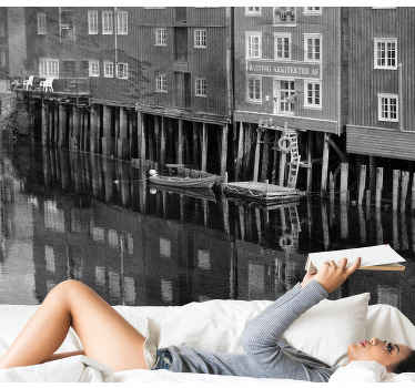 Trondheim city night boats wall mural - TenStickers