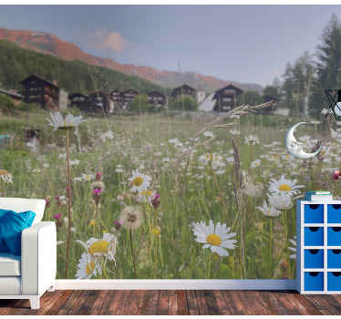 Fotomural de tulipanes Campo de margaritas y pueblo - TenVinilo