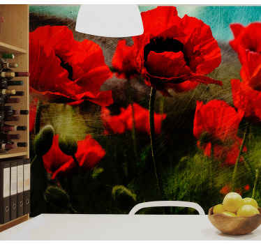 关闭在草墙壁画的红色鸦片 - TenStickers