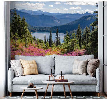 Fototapete Natur Wald mit sonnenblitz und lila blumen - TenStickers