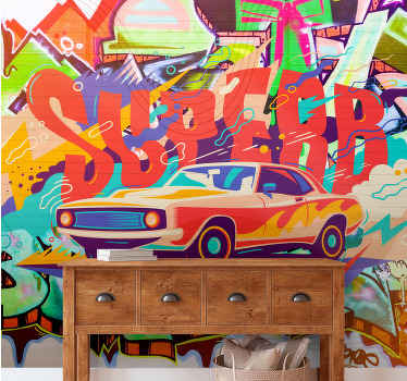 γκράφιτι με τοιχογραφία vintage αυτοκινήτου - TenStickers