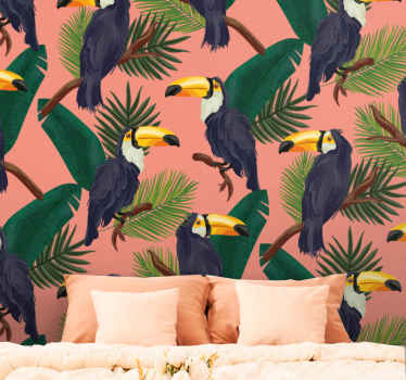 Exotic pink landscape with toucans Wall Mural - TenStickers