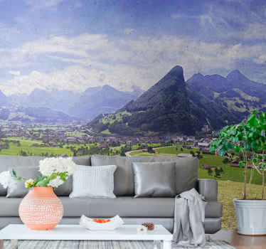 σπίτια πράσινο λιβάδι βουνά φύση τοιχογραφία τοίχου - TenStickers