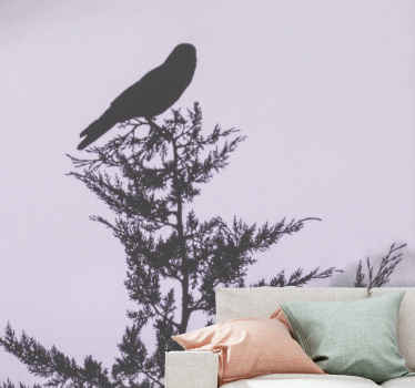 Mural para salón Pájaro negro en el árbol marrón - TenVinilo