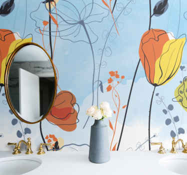 Fotomural 3D Flores naranjas con fondo azul - TenVinilo