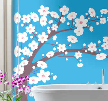 Fotomural 3D Flores blancas con fondo azul - TenVinilo