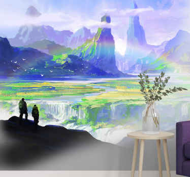 Mountain waterfall colorful nature wall mural - TenStickers