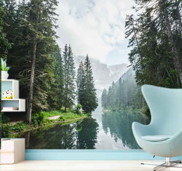 Kar yağan kış yansıyan göl doğa duvar kağıdı - TenStickers