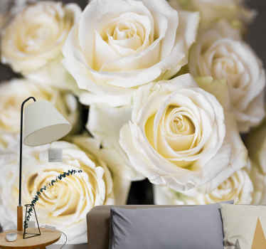 White roses background living room wall mural - TenStickers