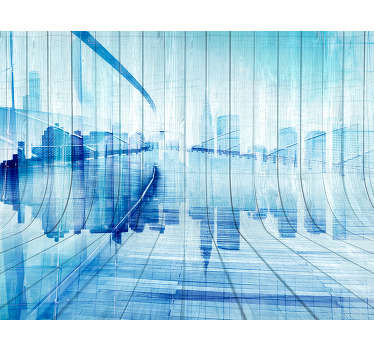 A stunning wood effect wall mural of a mock city skyline. Coloured in a shade of lovely blue to add a unique and exciting pop of colour