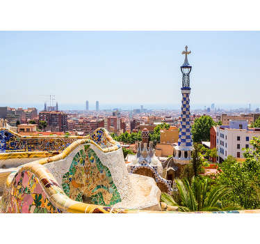 Beautiful views to the sea in the beautiful Park Güell in Barcelona.  This Barcelona wall mural will bring a lot of colour and life to your walls!