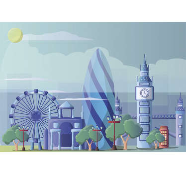 Fantástico fotomural de Londres para habitación infantil con tonos azules que puedes comprar en nuestra página web. Fácil de colocar.