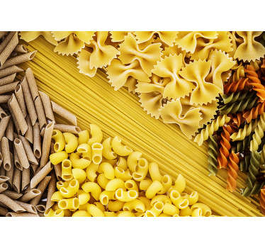 This kitchen photo wallpaper shows different kinds of pasta from beautiful Italy. The bright colors will be the highlight of your home!