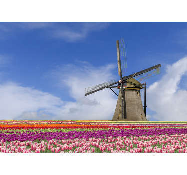 This bedroom photo mural shows a beautiful field of tulips with a windmill in the background The great colors of this product will be perfect for you!
