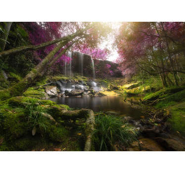 Wild forest jungle with waterfall landscape wall mural design showing thick trees with flourishing plants and flowers. This design is easy to apply.