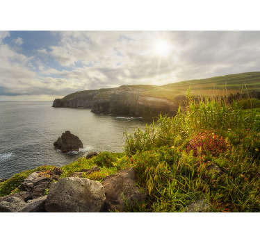Une décoration murale de paysage d'azores à l'aube qui contient des roches basses massives sur la mer avec le soleil qui s'y jette dans sa plénitude avec le ciel.