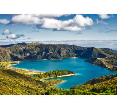 Lake of Fire landscape wall mural design contains a massive volcanic rock , the sea, the valley with green grasses and the huge cloud of fire.