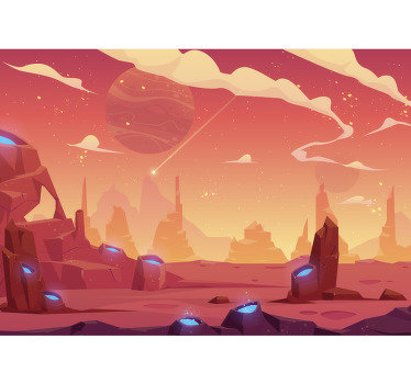¡Este fotomural para niños muestra una escena espacial genial en tonos naranjas y planetas en el fondo, a tu hijo le impresionarán los colores!