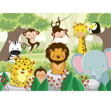 This children photo wallpaper shows a painted image of a group of wild animals in the jungle. You will be impressed by the bright colors!