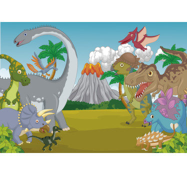 This childrens wall mural shows a scenery with many happy dinosaurs and a vulcano in the background The colors on this image are beautiful!