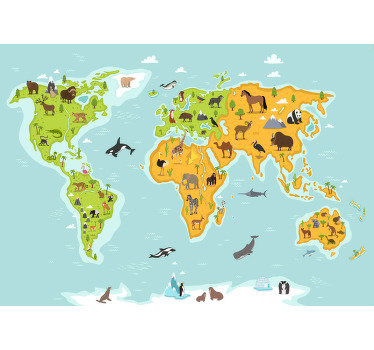 This animal photo wallpaper shows a world map with all the important animals of this planet The colors on this image are very bright!