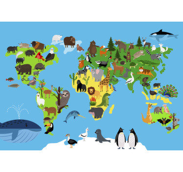 This world map wall mural shows a minimalistic world map with almost all animals of the continents on it. The colors on this image are very bright!