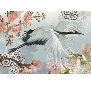 Questa bella foto murale mostra un dipinto di una gru con fiori sullo Carta da parati. Con colori sorprendenti, questa è la decorazione perfetta.