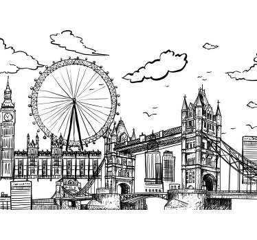 This London wall mural shows the skyline of London in a black-and-white drawing The architecture and design on this image are stunning!
