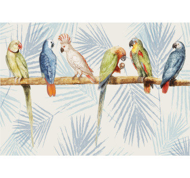 Make your home a better one with this beautiful wall mural of coloured parrots on a tree trunk next to each other design.