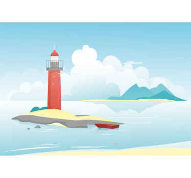 Decorative kids bedroom wall mural design of the scenery view of the high sea.  Also has a colorful light house illustrating a ship navigation point