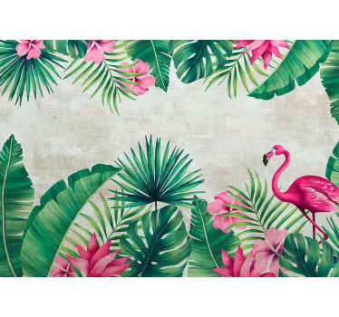 Colourful tropical nature plant wall mural with flamingo bird to decorate a home and other space. Easy to apply and available in different sizes.