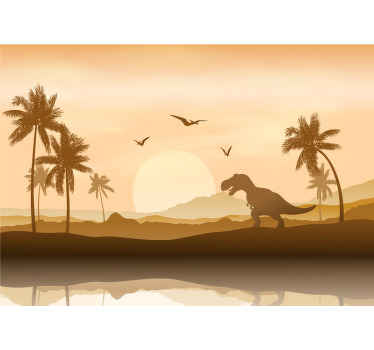 Decorative children room scenery wall mural of T-Rex in Sunset. An amazing natural landscape design with featured mountains, dinosaur, sun set, etc.