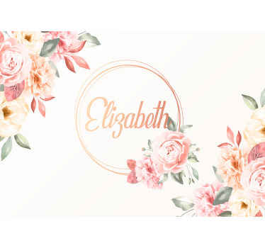 Customizable name photo wall mural to beautify a bedroom.  It is lovely with design of pink flower bouquet and the name circled on the middle.