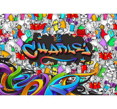 fotomural vinílico de parede de graffiti para adolescentes com um nome personalizado. Lata de spray em torno de um texto de arco-íris que você pode alterar. Fundo branco e preto!