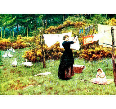 Kvinna som hänger tvätt Fototapeter Klassisk konst - Tenstickers