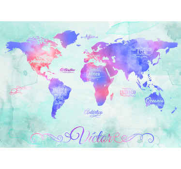 Mural mapamundi Mapa del mundo acuarela azul - TenVinilo