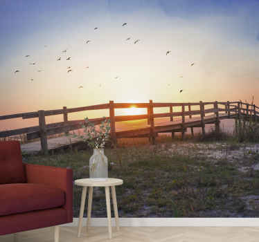 Fotomural 3D Puente de madera marrón vista del atardecer - TenVinilo