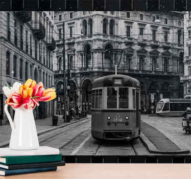 Tram on road landscape living room wall mural - TenStickers
