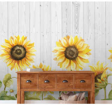 Mural de flores girasoles sobre textura de madera - TenVinilo