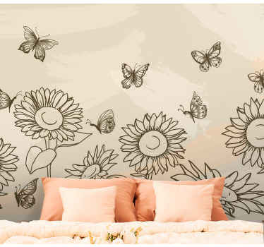 Sunflower Butterfly Sketch flower wall mural - TenStickers