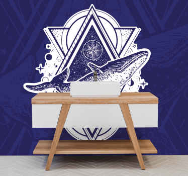 Fototapeta vintage Ilustracja kompasu i wieloryba - TenStickers