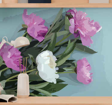 보라색 모란 녹색 잎 꽃 벽 벽화 - TenStickers