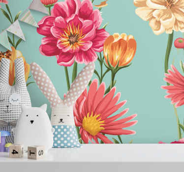 Fototapete Blumen Bunte blumen blauer Hintergrund - TenStickers