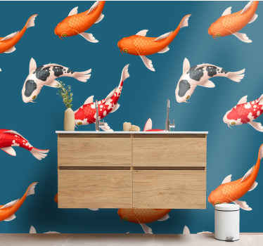 Koi fish pattern blue background Bathroom Mural - TenStickers
