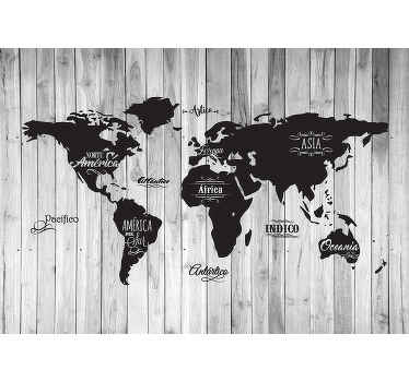 Mural mapamundi negro sobre madera gris - TenVinilo