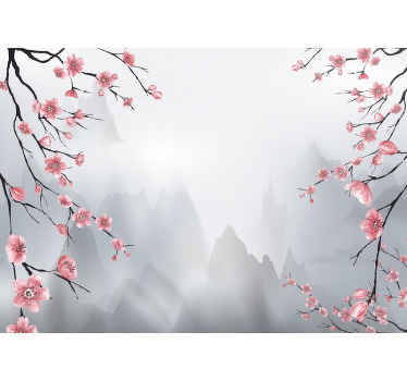 Papier peint salon montagnes et fleurs de cerisier - TenStickers